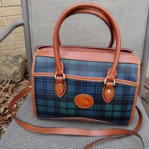 Dooney and Bourke satchel bag, black watch plaid, navy, green, cherry leather